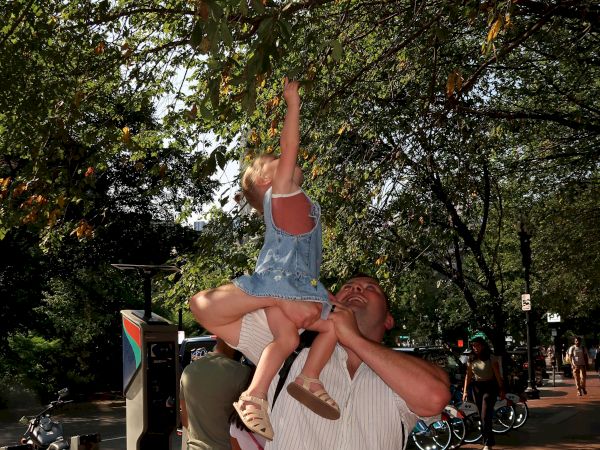 A person lifts a child towards tree branches on a sunny path, with bicycles and people in the background.