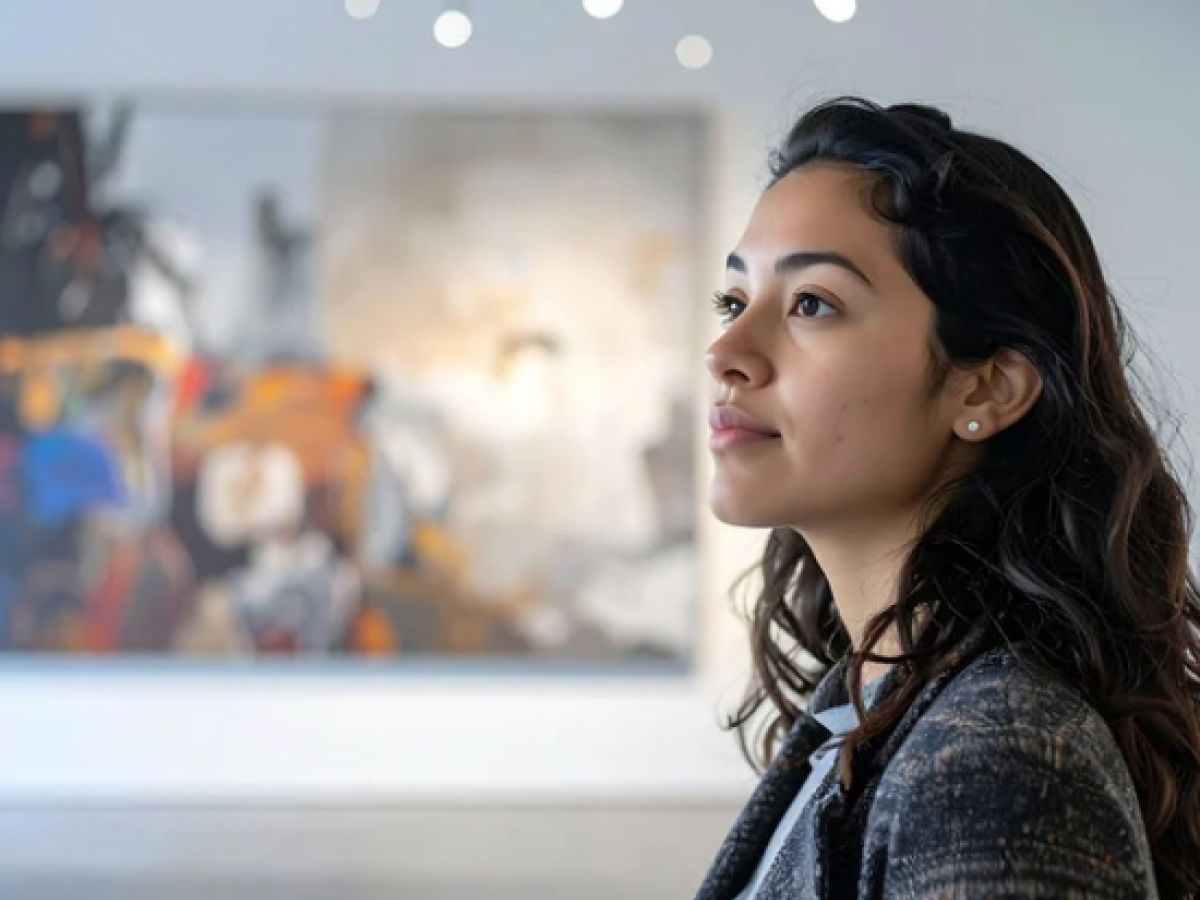 A woman with wavy dark hair stands in a gallery, looking at a colorful abstract painting on the wall.