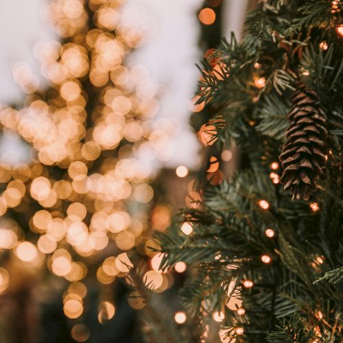 A close-up of a decorated Christmas tree with pinecones and lights, blurred festive lights in the background creating a warm ambiance.