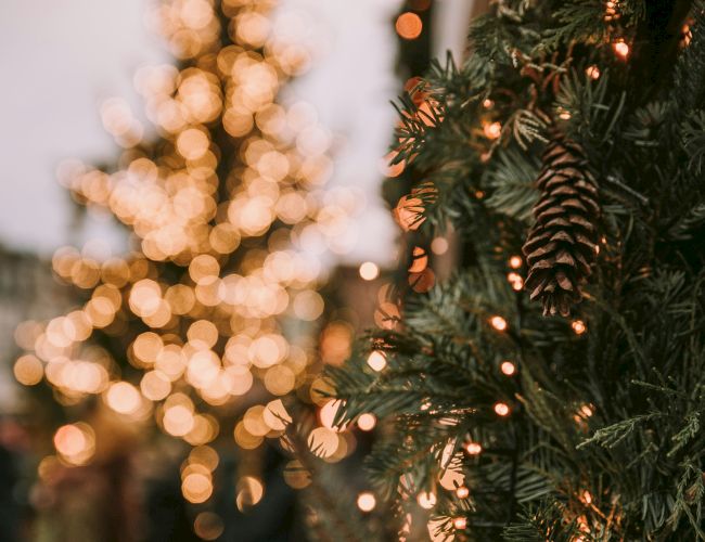 A close-up of a decorated Christmas tree with pinecones and lights, blurred festive lights in the background creating a warm ambiance.