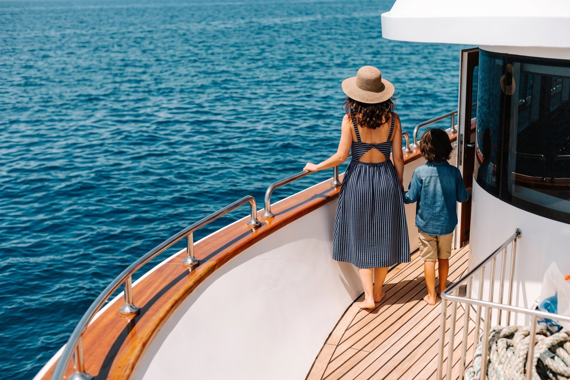 Two people&mdash;an adult woman in a striped dress and hat, and a child&mdash;walk along the deck of a boat, gazing at the blue sea.