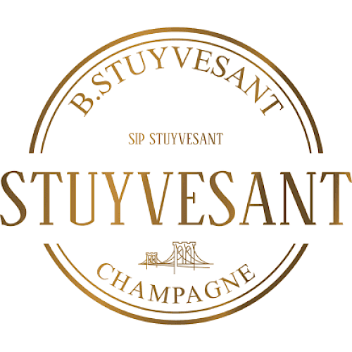 The image displays a logo with the text "B. Stuyvesant Champagne" along with an illustration of a suspension bridge and the phrase "Sip Stuyvesant."