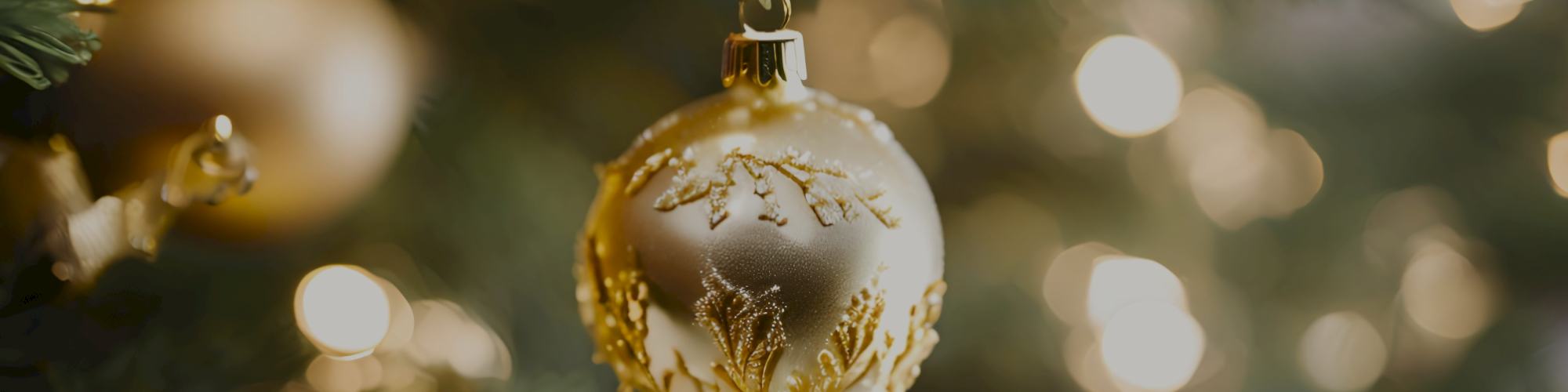A golden Christmas ornament hangs on a tree branch, with blurred festive lights in the background creating a warm, cozy holiday atmosphere.