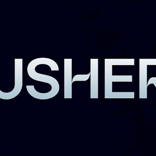The image shows the word "USHER" written in large, silver letters against a dark background. The middle "S" has a unique design element.