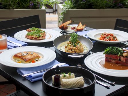 A variety of plated dishes on a table including salads, meat, pasta, a soup or sauce bowl, and drinks, all arranged beautifully for a meal.