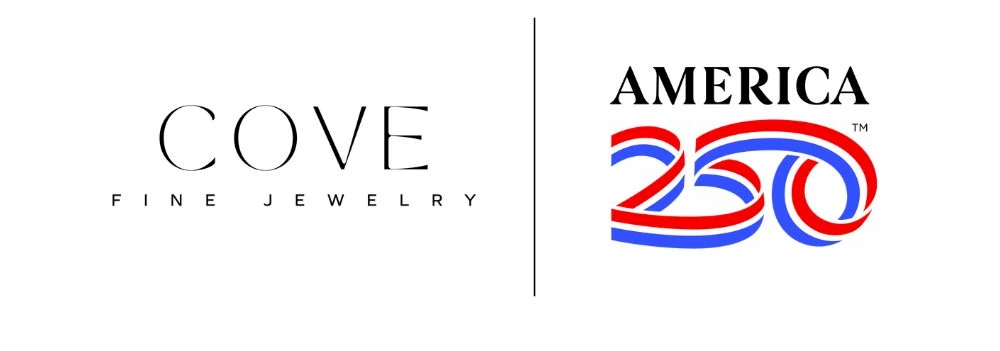 Two logos side by side: Cove Fine Jewelry and America 250th logo, separated by a thin vertical line.