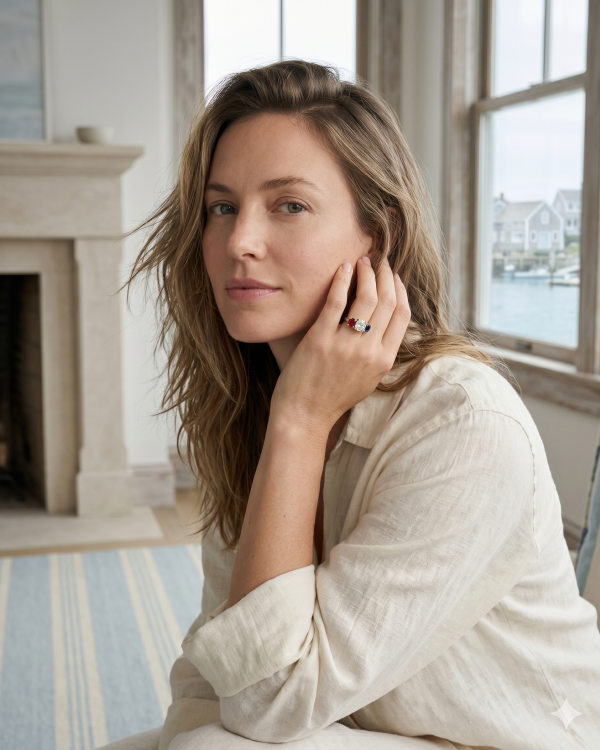 A woman with long light brown hair sits by a window in a bright room, resting her head on her hand, wearing a light-colored top.