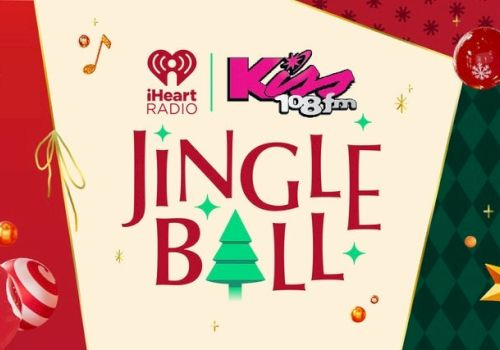 The image features an advertisement for the iHeartRadio Kiss 108 Jingle Ball event with festive decorations and musical notes.