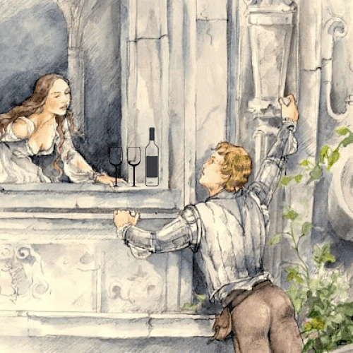 A romantic scene with a woman at a balcony and a man below reaching up, next to two wine glasses and a bottle.