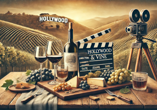 A vineyard scene with wine, glasses, cheese, grapes, a film camera, and a clapperboard labeled "Hollywood & Vine" on a wooden table.
