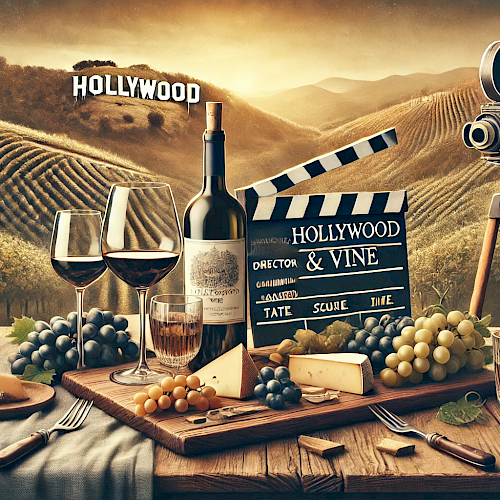 A vineyard scene with wine, glasses, cheese, grapes, a film camera, and a clapperboard labeled "Hollywood & Vine" on a wooden table.