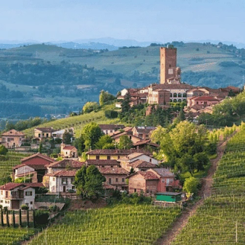 A picturesque hillside village surrounded by vineyards, featuring a historic tower and lush greenery under a clear sky.