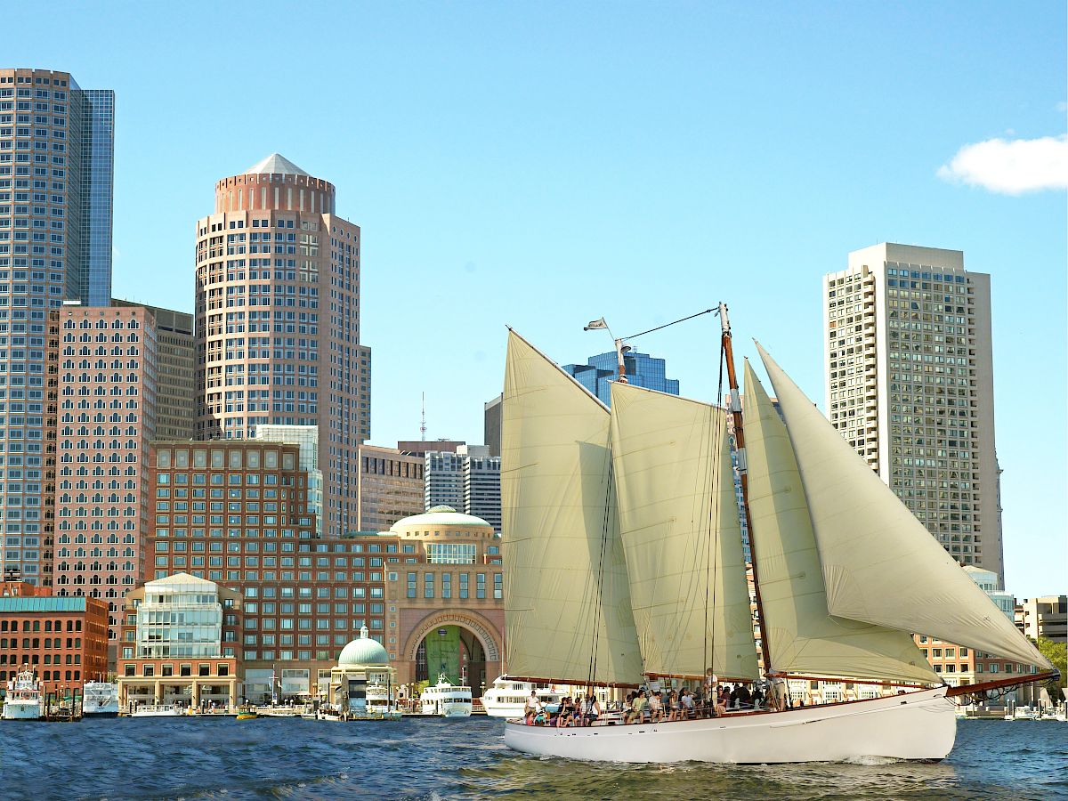 A large sailboat with beige sails cruises on the water in front of tall city buildings under a clear blue sky.