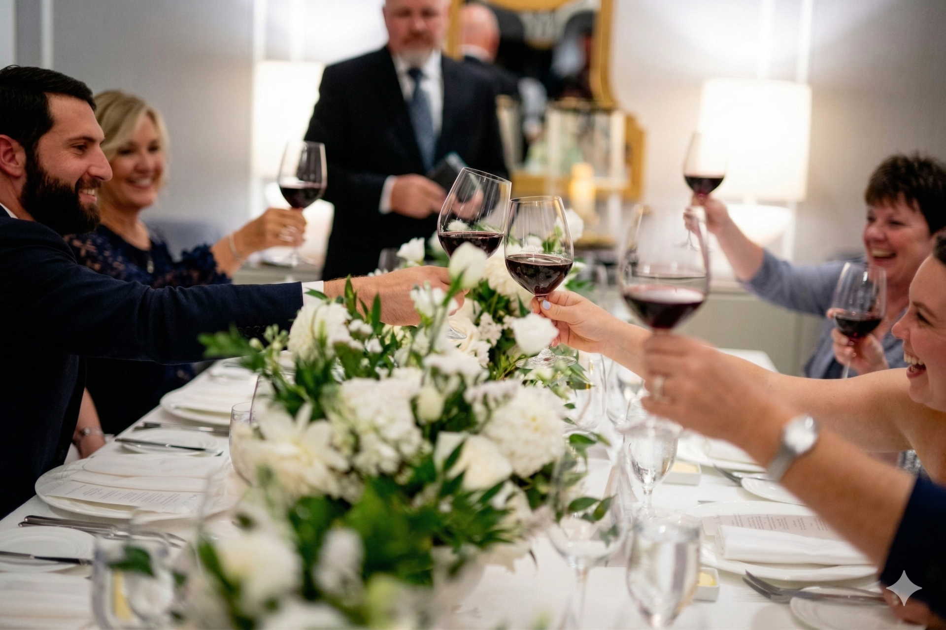 Friends at a dinner table clink glasses of red and white wine, celebrating together in a nicely decorated room.