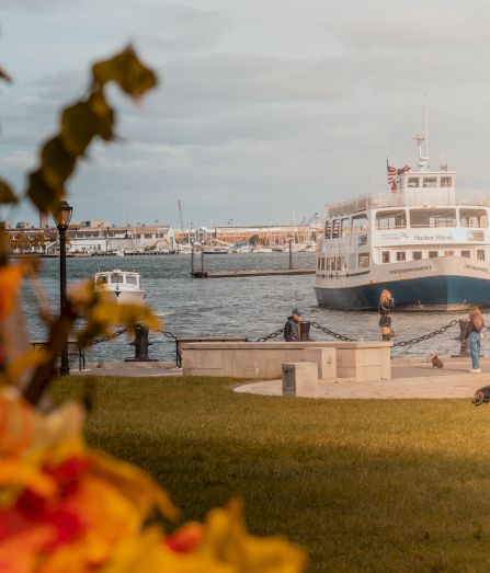A waterfront harbor with a docked ship labeled &ldquo;Fort Independence,&rdquo; sailboats in the background, and people walking dogs along the pier.