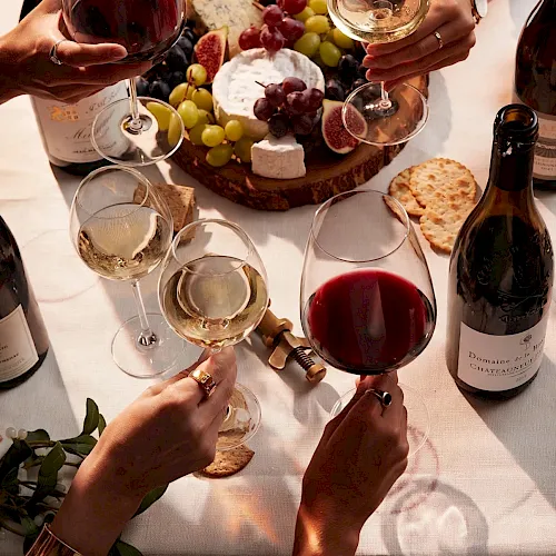 Friends clink glasses of red and white wine over a cheese board of grapes, figs, and crackers during a toast.